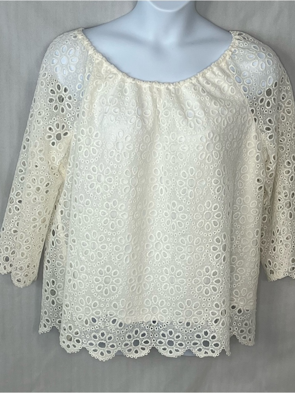 Cato Top Ivory Eyelet Lace On or Off Shoulder 3/4 Bell Sleeves Scalloped Hem XL👍